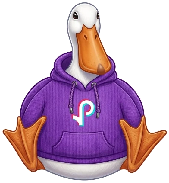 Pato da PATOX LIVE, de moletom roxo, saindo de um ovo