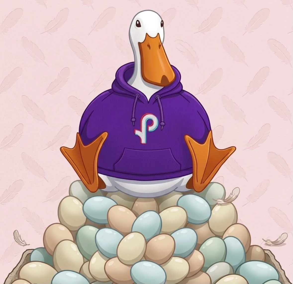Pato da PATOX LIVE sentado no topo de um ninho cheio de ovos