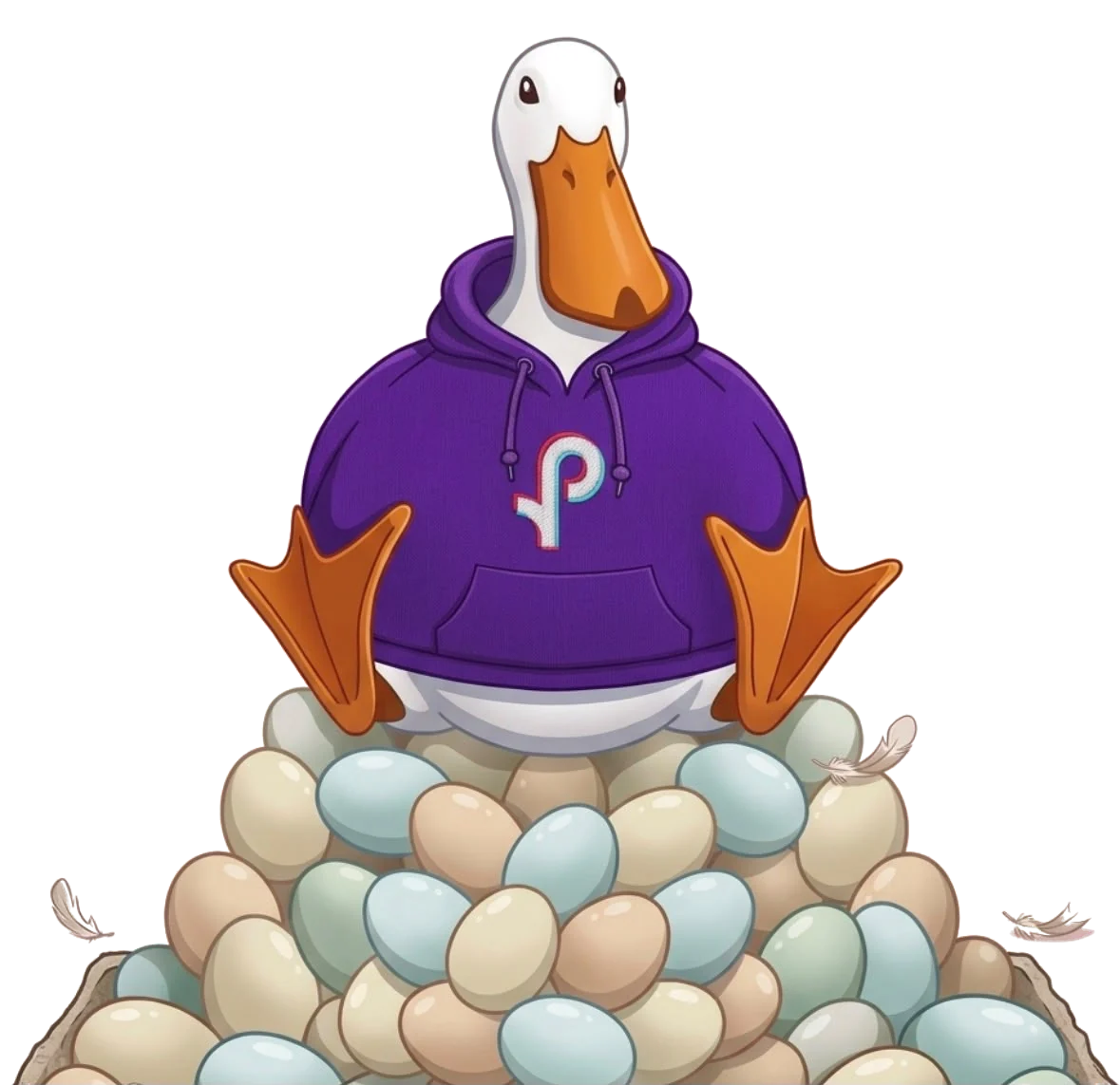 Pato da PATOX LIVE no topo de uma pilha de ovos